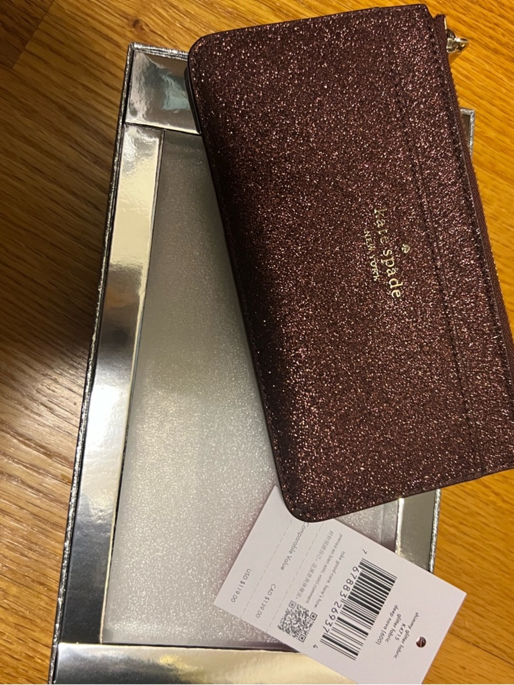 kate spade glitter zip wallet - burgundy sparkle with gold logo